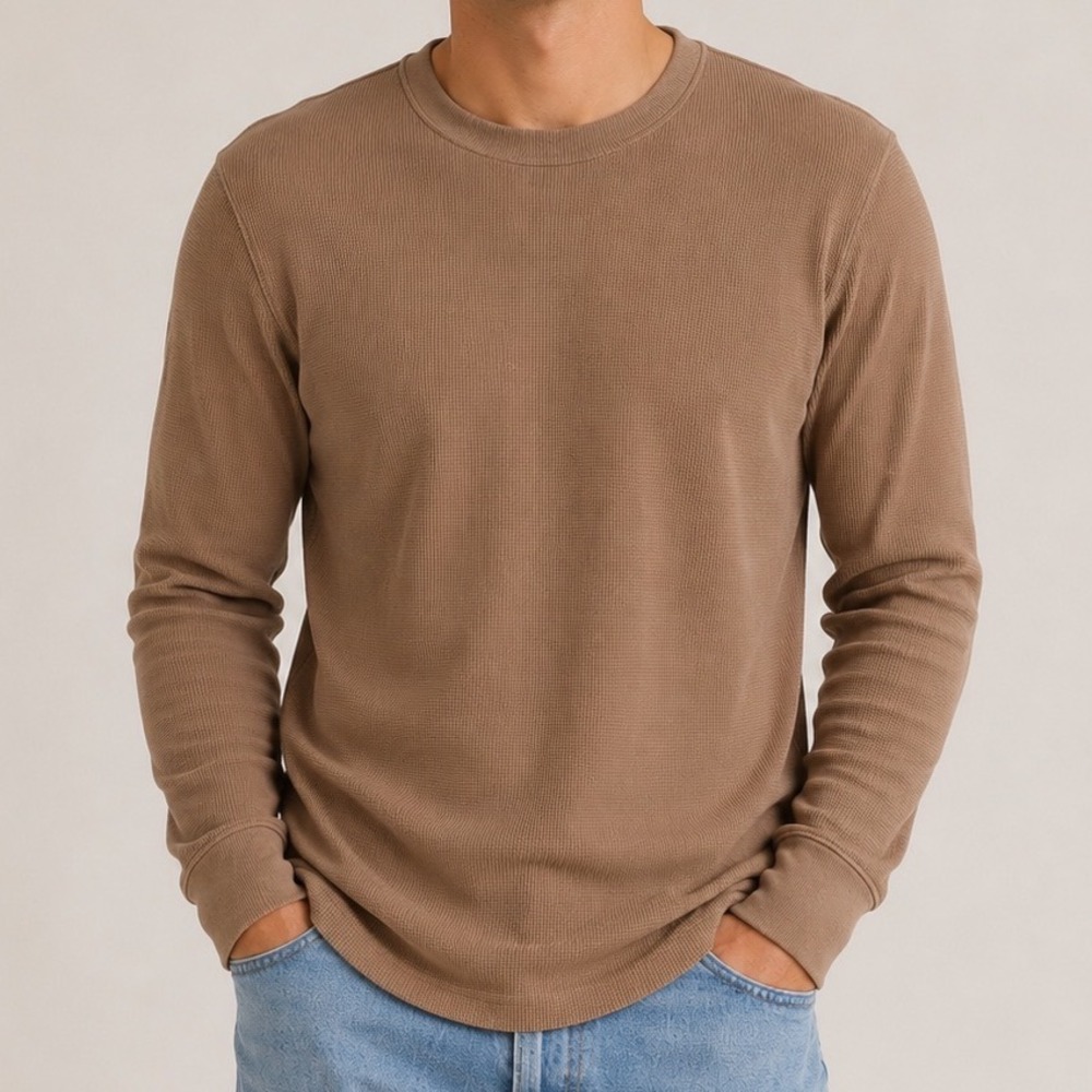 Duck Head Waffle Knit Thermal Long Sleeve Shirt Brown Crewneck Men's Small